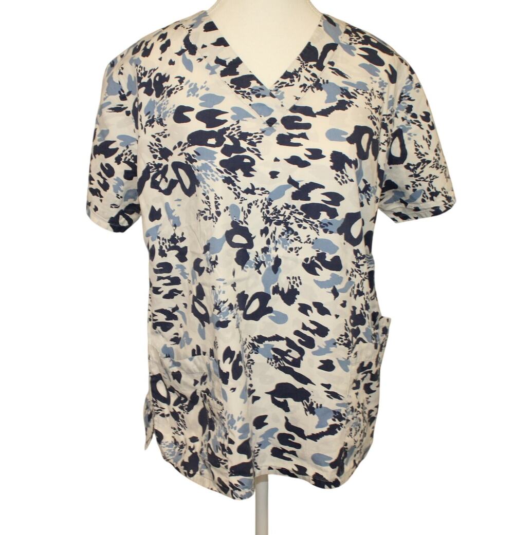 ICU Scrub Top Blue White Sz Med Abstract Animal Print Short Sleeve Cotton Good